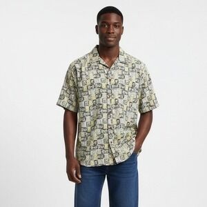 Towncraft 100% Cotton Novelty Button Down Shirt Cream Retro Hawaiian Size L